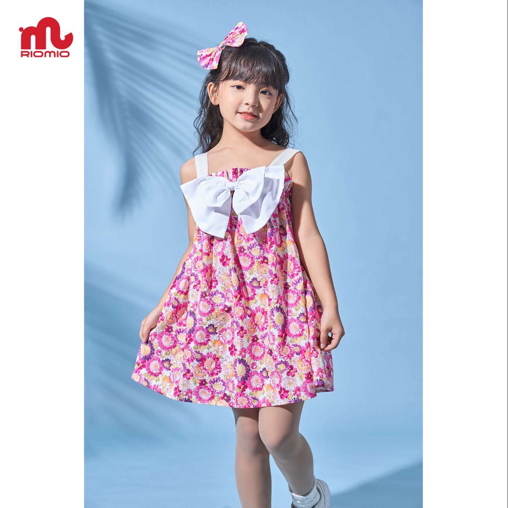 Váy bé gái 3-11 tuổi (15-40kg) RIOMIO 2 dây nơ ngực họa tiết hoa 2 màu xanh và hồng chất cotton siêu xinh cho bé - RV181