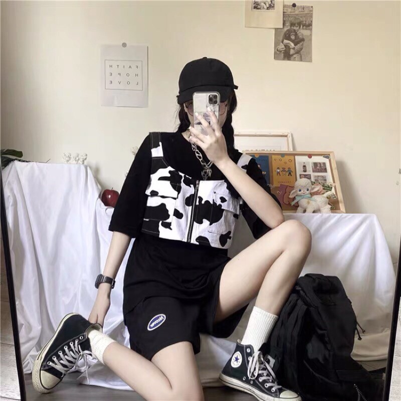 Unisex Áo Gile Nam Nữ Đẹp Oversize Bò sữa