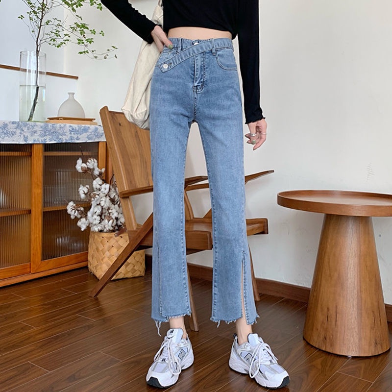 Quần Jeans Nữ Lưng Cao Ống Rộng Xẻ Tà Thời Trang Hàn Quốc Cá Tính