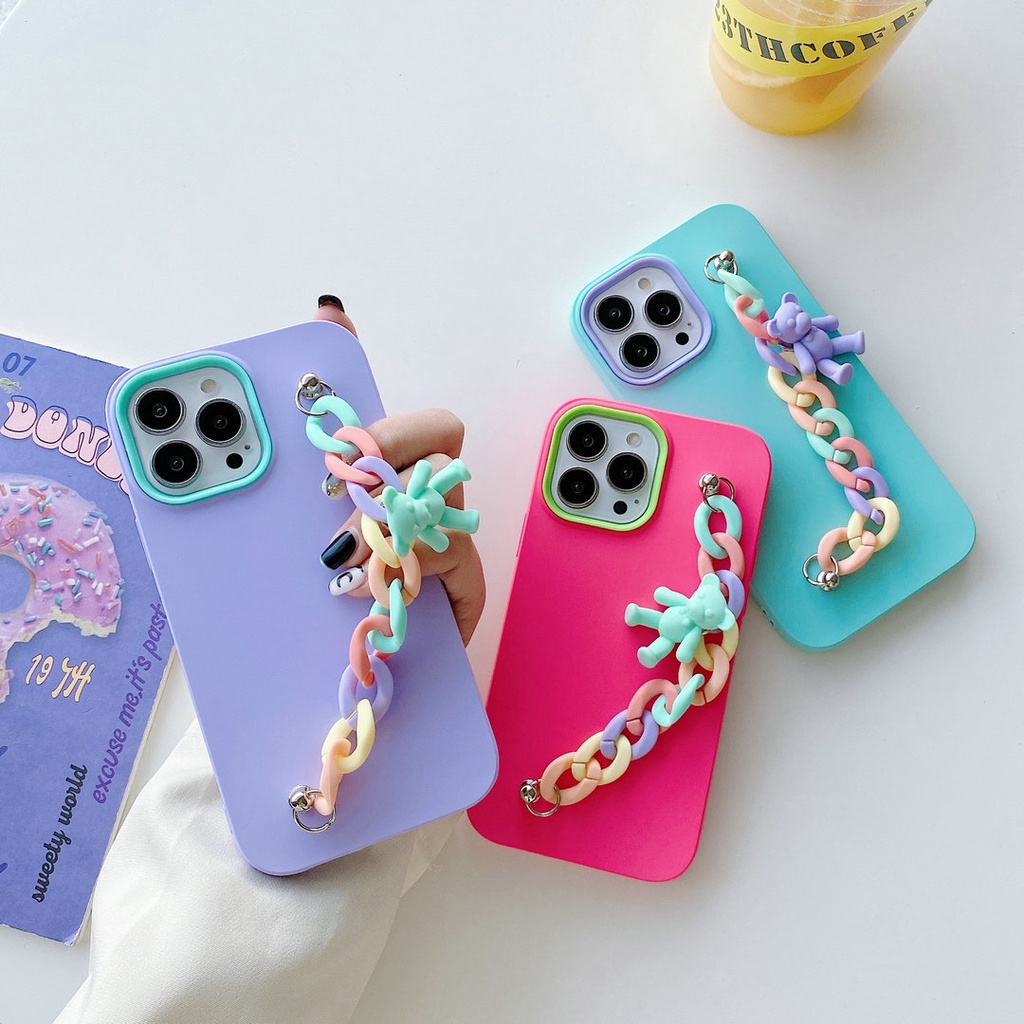 Samsung A52 A52S A02 A12 A32 A50 A50S A30S A02S A03S A10S A20S A72 M12 M02 Bear Bracelet Silicon Shockproof Soft Case 3 in 1 Candy Phone Cover