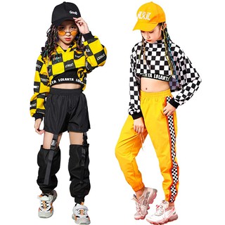 3Pcs Kids Girls Korean Hip Hop Shirt Streetwear Jazz Dance Costume Crop Top Sweatshirt Pants Set Stage Performance Clothes