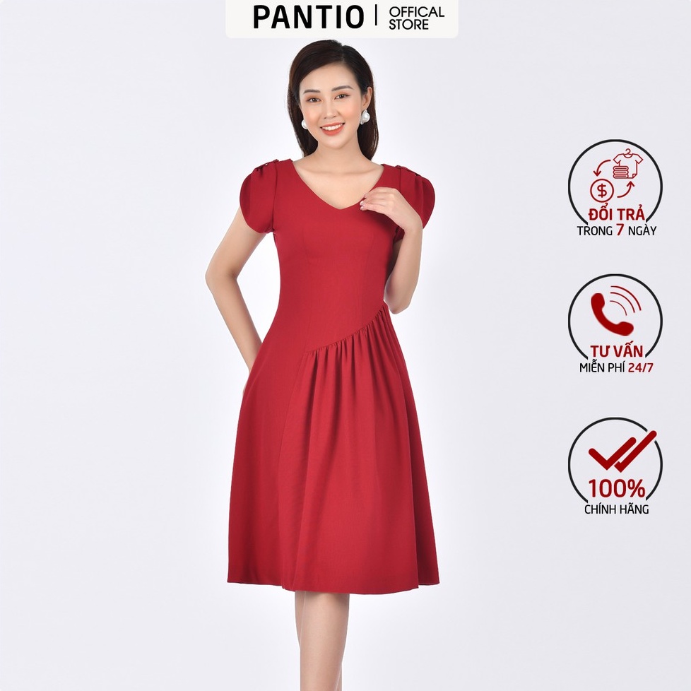 Đầm dạo phố vải thô đũi, kiểu dáng suông, tay phồng, chân váy xếp li bất đối xứng FDP32697 - PANTIO