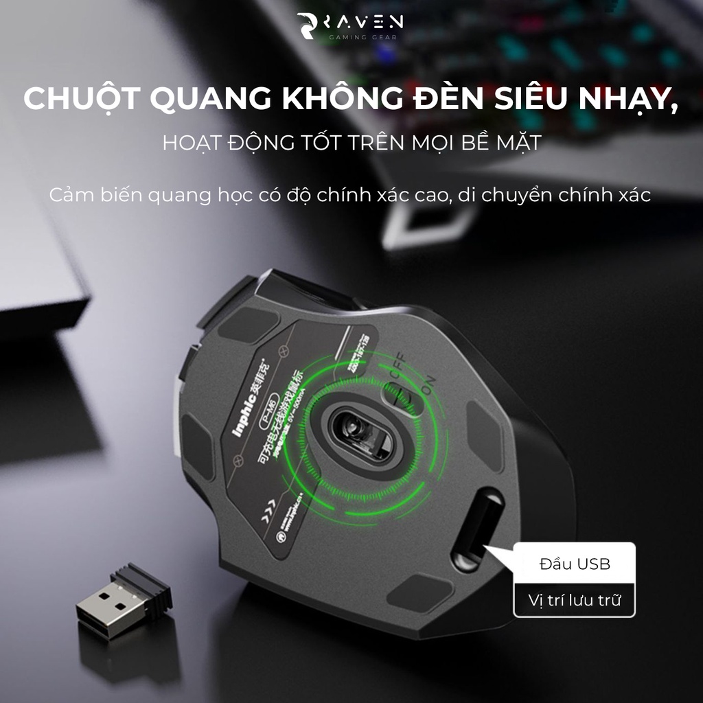 Chuột máy tính không dây gaming INPHIC PM6, chuột wireless chơi game pin sạc - Raven Gear