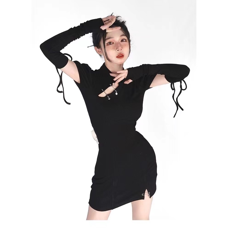 Đầm Sườn Xám Dệt Kim Màu Đen Đính Nơ Dáng Ôm Thời Trang Mùa Hè 2022 Dành Cho Nam