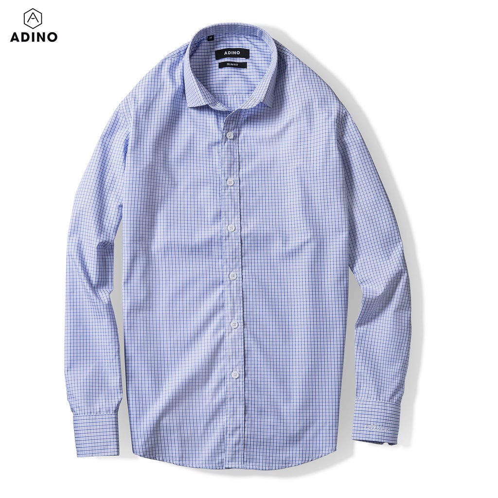 Áo sơ mi nam dài tay ADINO màu xanh biển đậm kẻ ô vải nến lụa sợi sồi modal dáng công sở slimfit trẻ trung S217