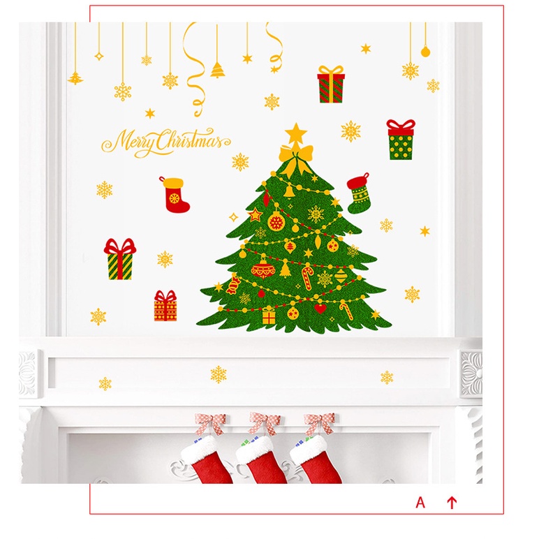 Decal dán tường Noel - Noel cưỡi tuần lộc đi phát quà bên cây thông xanh