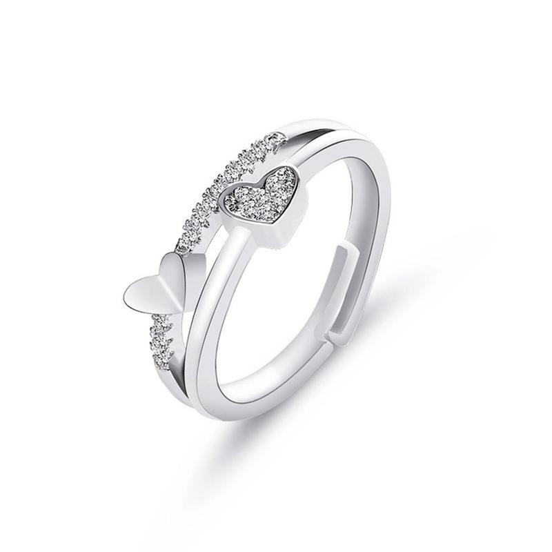 [WHOLESALE] [Women Korean Fashion Double Layer Crystal Heart Open Adjustable Rings ] [ Elegant Ladies Smooth Fine Thin Finger Ring] [Lovely Jewelry Gifts For Girl Friends]