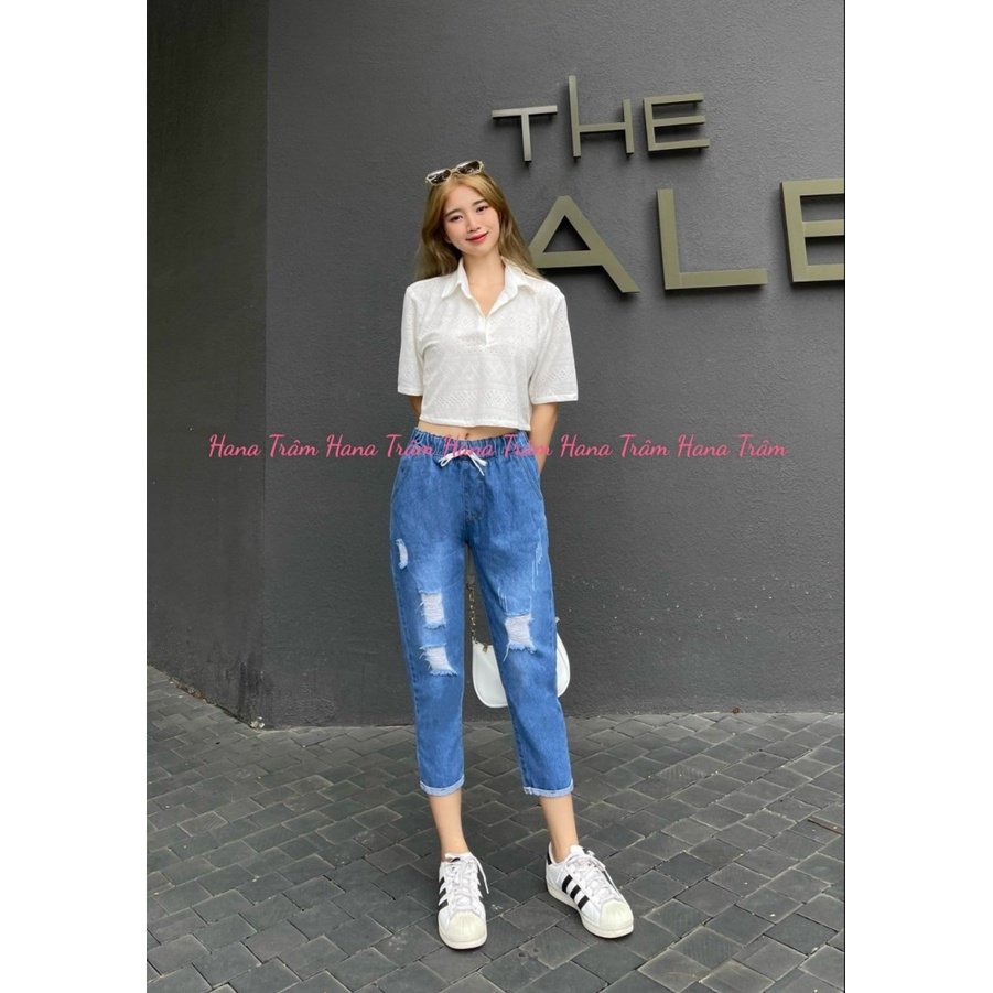 Quần baggy jean lưng thun dáng lỡ mẫu rách lật lai màu xanh đậm