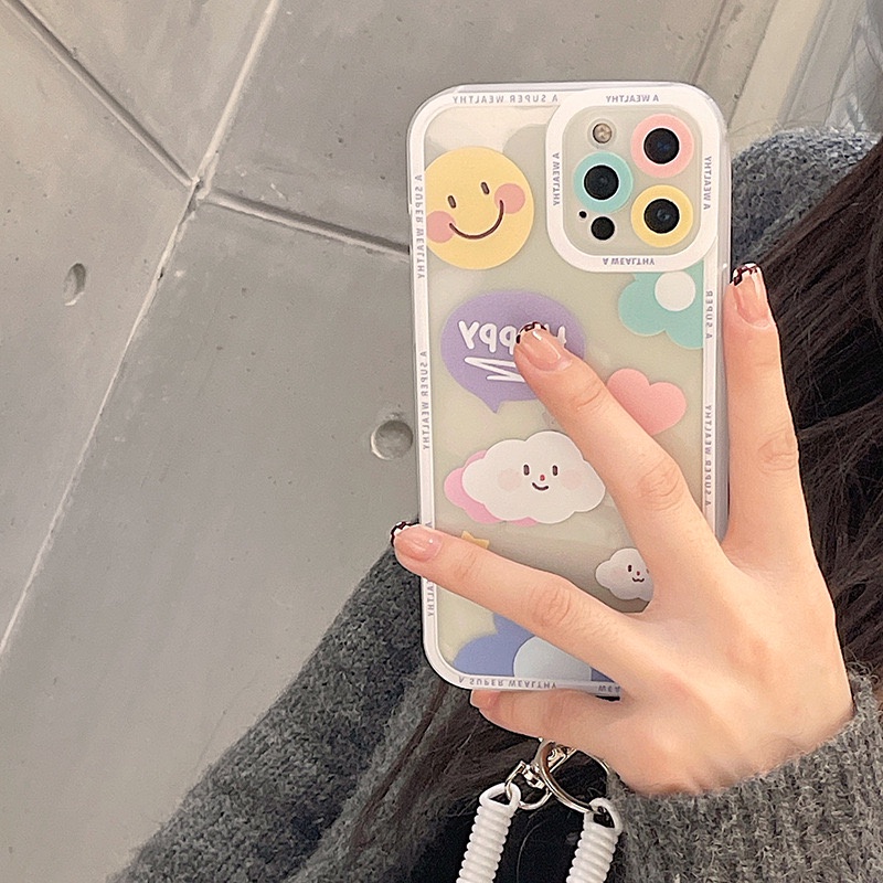𝐂𝐨́ 𝐬𝐚̆̃𝐧 𝐜𝐡𝐨 𝐢𝐏𝐡𝐨𝐧𝐞 𝟏𝟑 Ốp mây Happy cute cạnh vuông chắc tay, không kèm móc lò xo