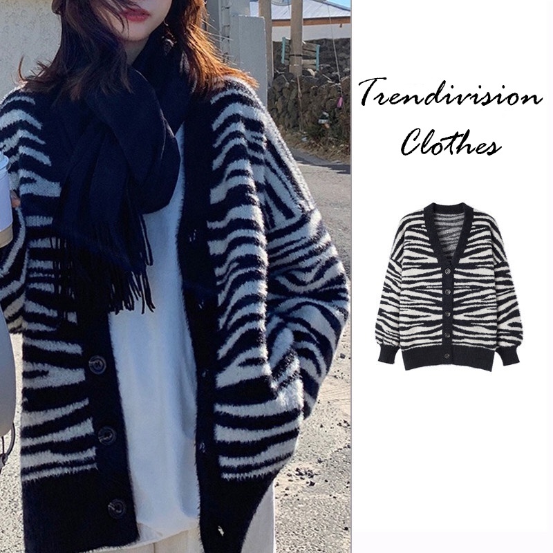 Áo khoác cadigan vằn đen len lông thỏ cao cấp phong cách Hàn Quốc
