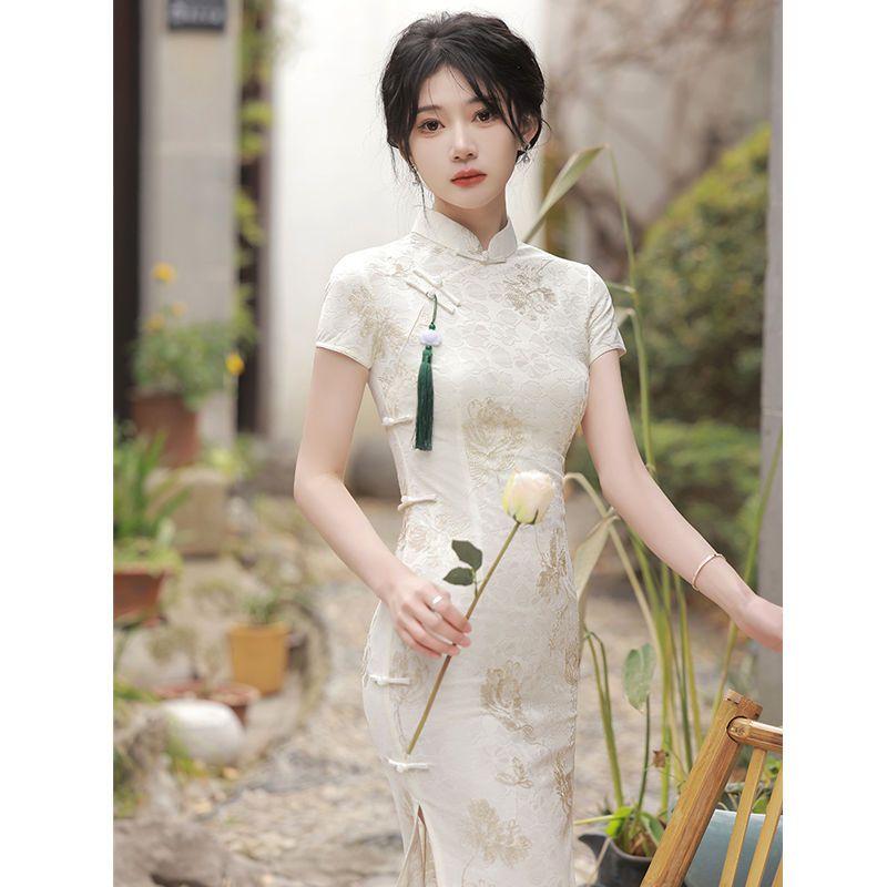 Đầm Sườn Xám Cách Tân Dáng Dài Phối Ren Thêu Họa Tiết Phong Cách Trung Hoa Cho Nữ