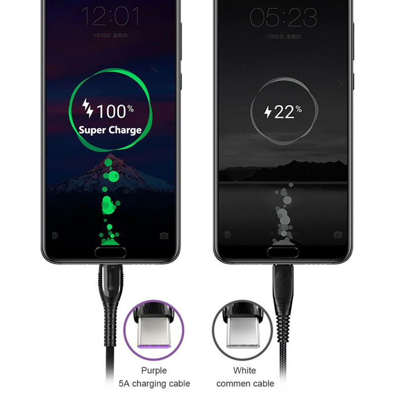 KAXOE 5A Fast Charger LED Light Micro USB / Type-C QC 3.0 Charging Cable for iPhone Android phone