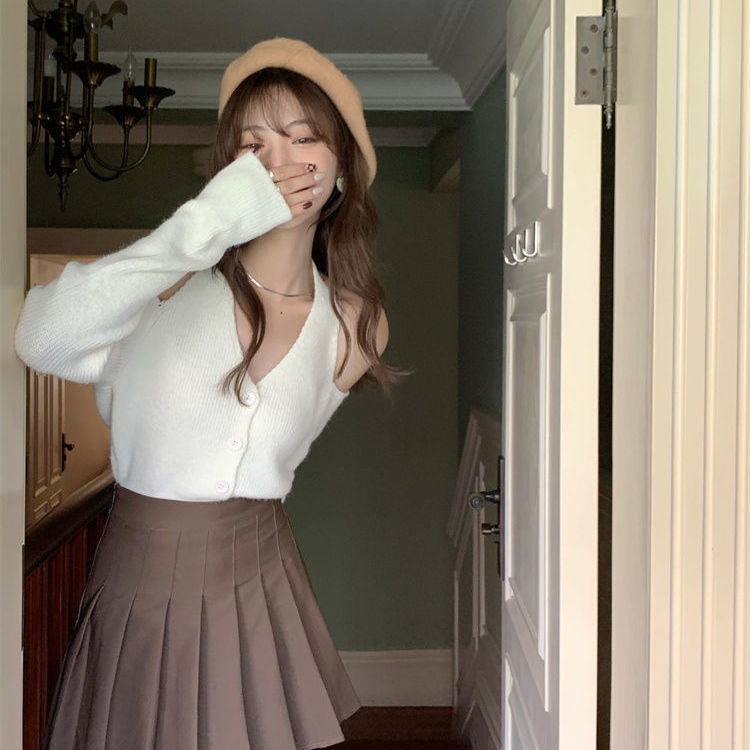 Áo dệt kim tay dài cổ chữ V thiết kế trễ vai quyến rũ COZOK