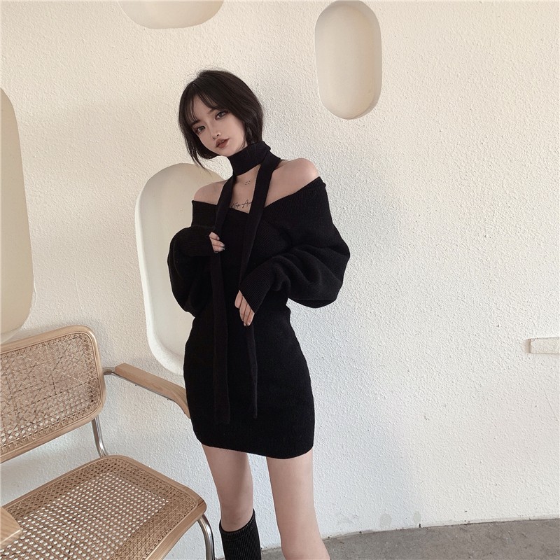 Đầm dệt kim tay dài cổ chữ V ấm mùa đông ôm thon eo ulzzang ( 2 màu )
