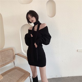 Đầm dệt kim tay dài cổ chữ V ấm mùa đông ôm thon eo ulzzang ( 2 màu )