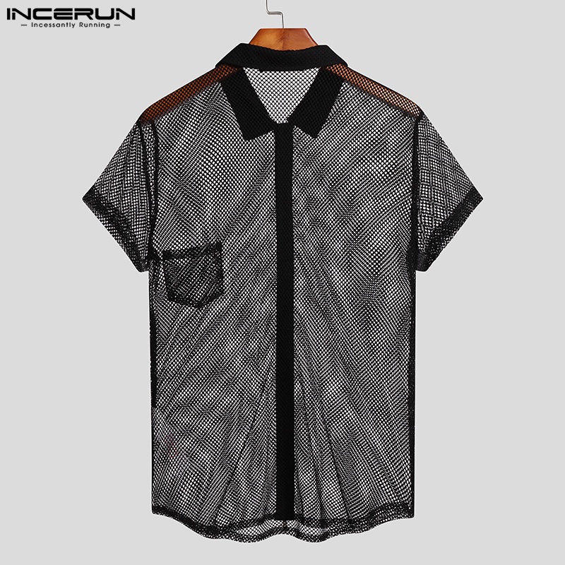 INCERUN Áo Sơ Mi Lưới Tay Ngắn Trong Suốt Cài Khuy Thời Trang Cho Nam