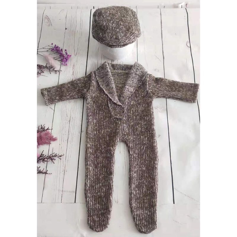 Mary☆2Pcs Newborn Photography Props Suit Romper Hat Set Long Sleeve Jumpsuits Outfit