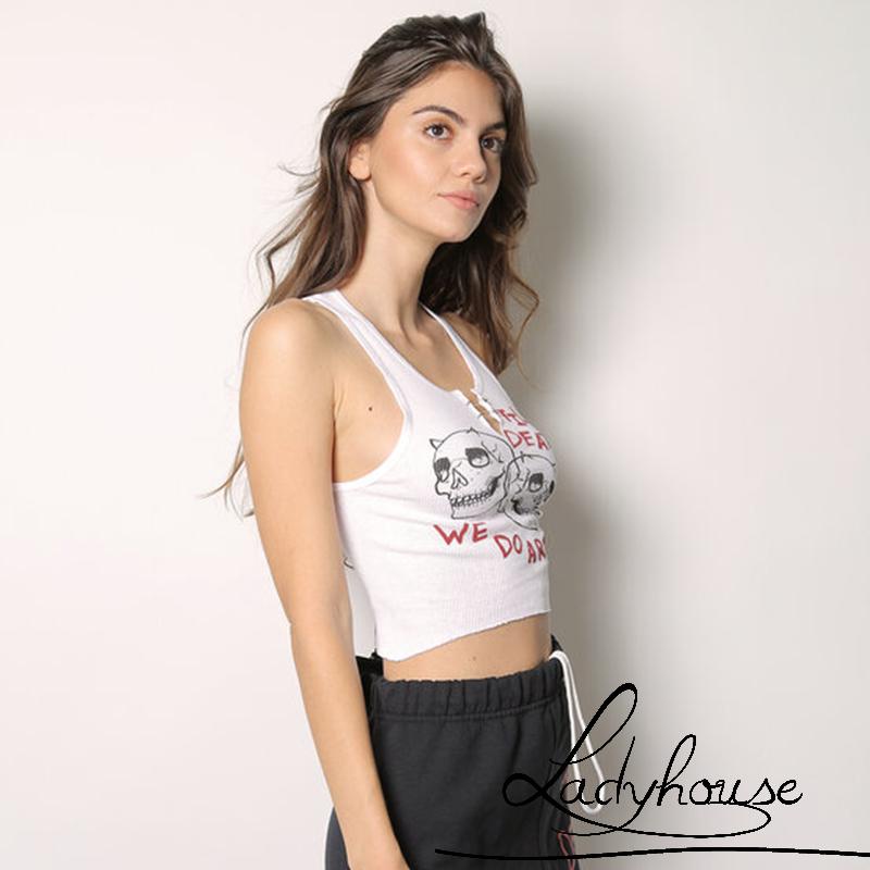 Áo croptop không tay cổ chữ V in họa tiết đầu lâu cá tính cho nữ