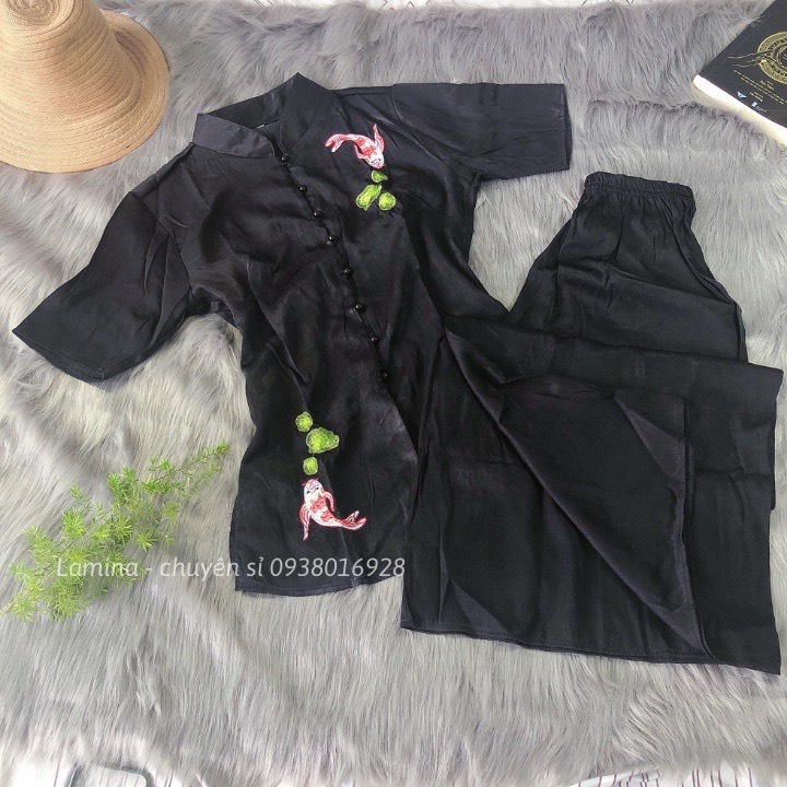 Đồ Lam ĐI CHÙA MẪU CÁ NGọcTHÊU HOA SEN VẢI LỤA SATIN MỊN