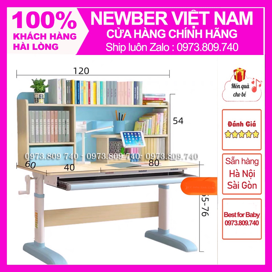 Bàn học thông minh, Bàn học chống gù chống cận Newber Royal 1600 cao cấp ( Bàn 120cm - Gỗ tự nhiên, Kệ sách lớn)