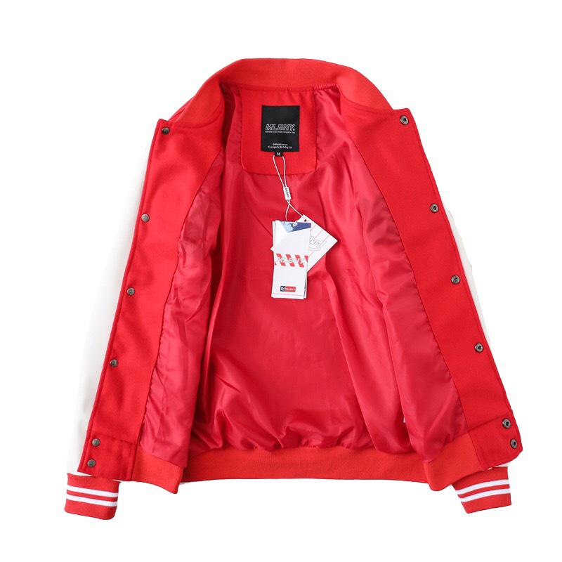 🔥 ÁO BOMBER MLBNY MÀU ĐỎ TAY DA PU UNISEX  🔥