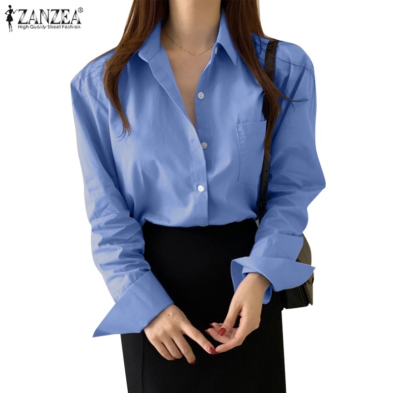 Zanzea Áo Sơ Mi Nữ Dài Tay Cổ Bẻ Thời Trang Đường Phố Hàn Quốc