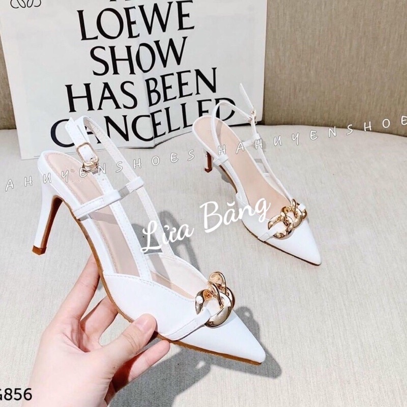 Giày cao gót nữ phối xích hở gót sandal nữ gót nhọn 7 phân mũi xích -M76