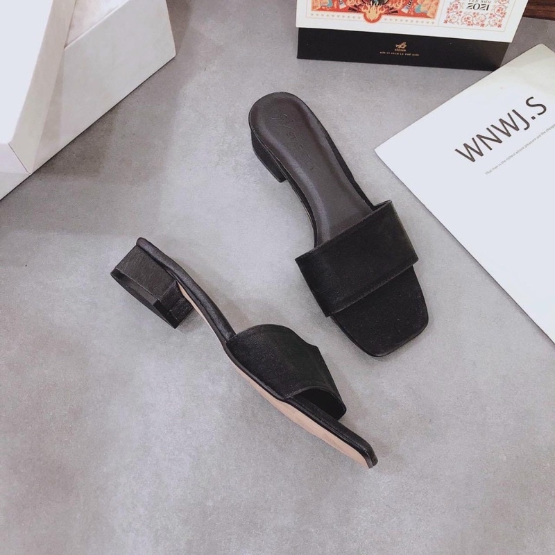 Dép cao gót da lộn dáng công sở gót mảnh quai ngang cao 2cm và 5cm.
