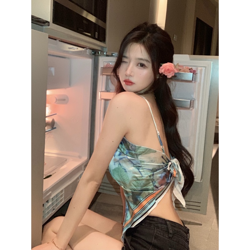 Áo croptop khăn lụa cột nơ hoa văn xanh HAC130 Hỉn Hỉn Store