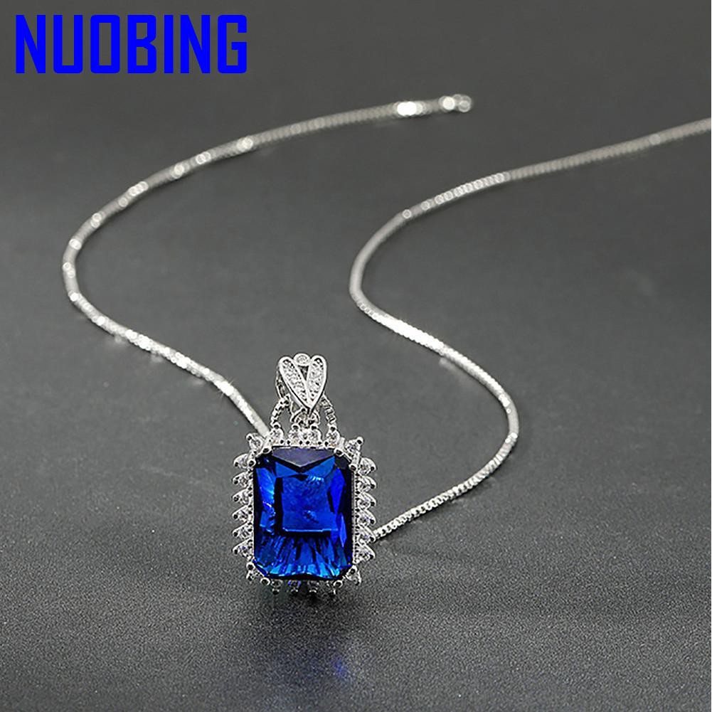 Luxury Square Blue Crystal Sapphire Gemstones Diamonds Pendant Necklaces For Women White Gold Silver Color Jewelry Bijoux Gifts|Pendants|