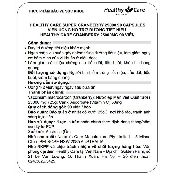 Viên uống hỗ trợ sức khỏe thận và đường tiết niệu Healthy Care Cranberry 90 viên