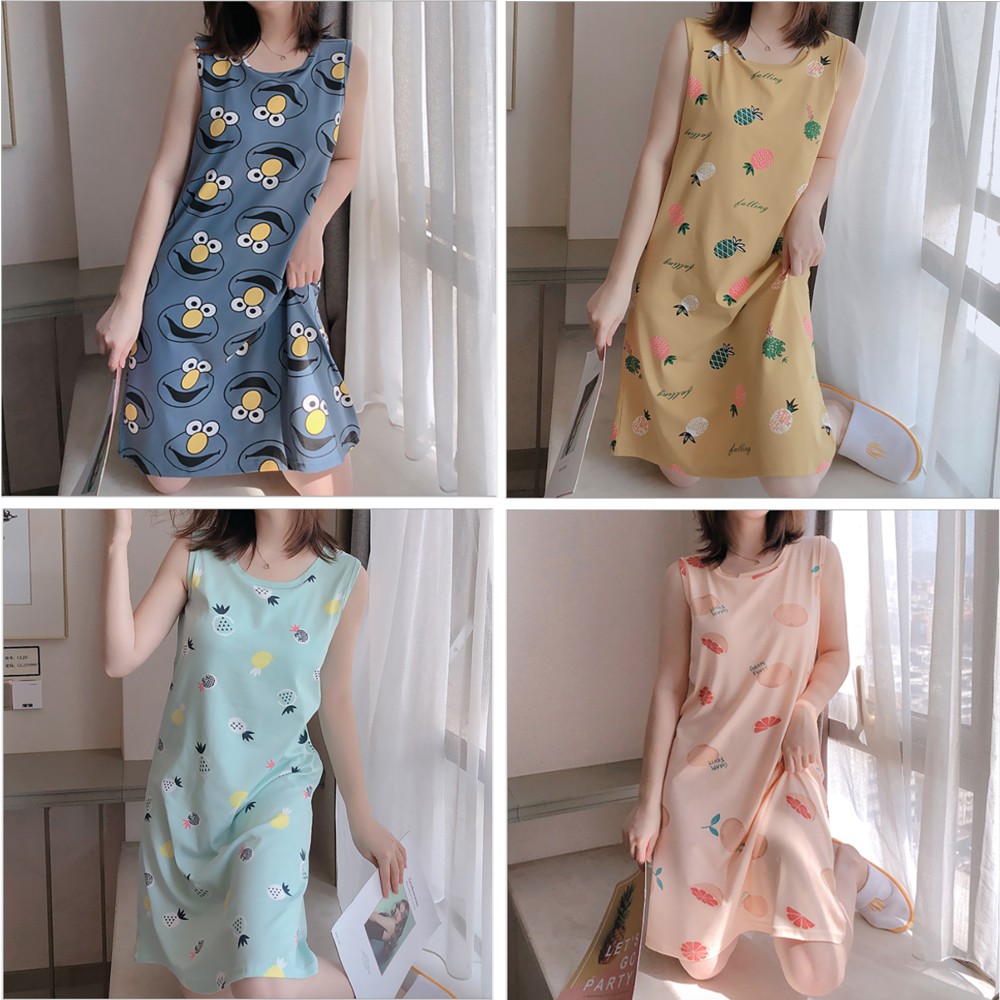 Váy ngủ, váy mặc nhà chất cotton lụa cute dễ thương