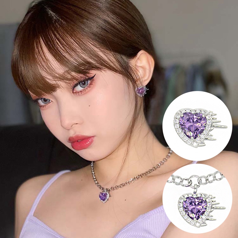 Phong cách mới nhất màu tím màu tình yêu hình dạng dát zircon vòng cổ bông tai bộ chuỗi dày của phụ nữ chuỗi xương đòn