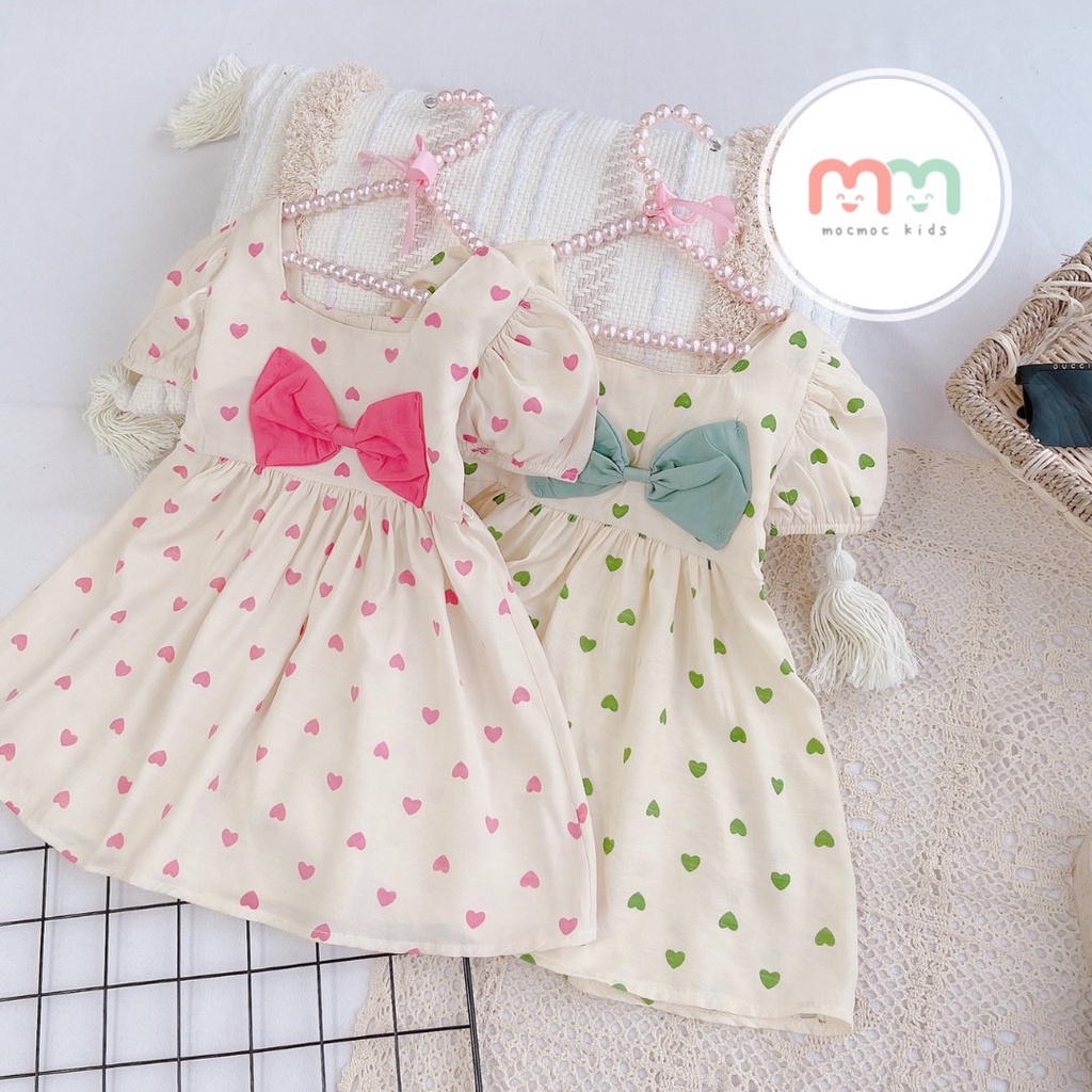 Đầm bé gái dễ thương, đầm babydoll bé gái thiết kế tay phồng nơ cổ chất lụa cao cấp mềm mịn mát cho bé 11kg đến 28kg