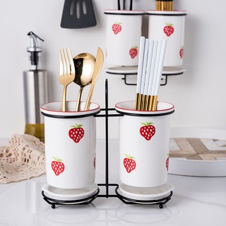 Ống đựng đũa, lọ đựng đũa thìa bằng sứ họa tiết dâu tây đỏ