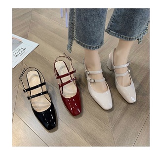 Giày búp bê da bóng cao gót đế vuông 7cm