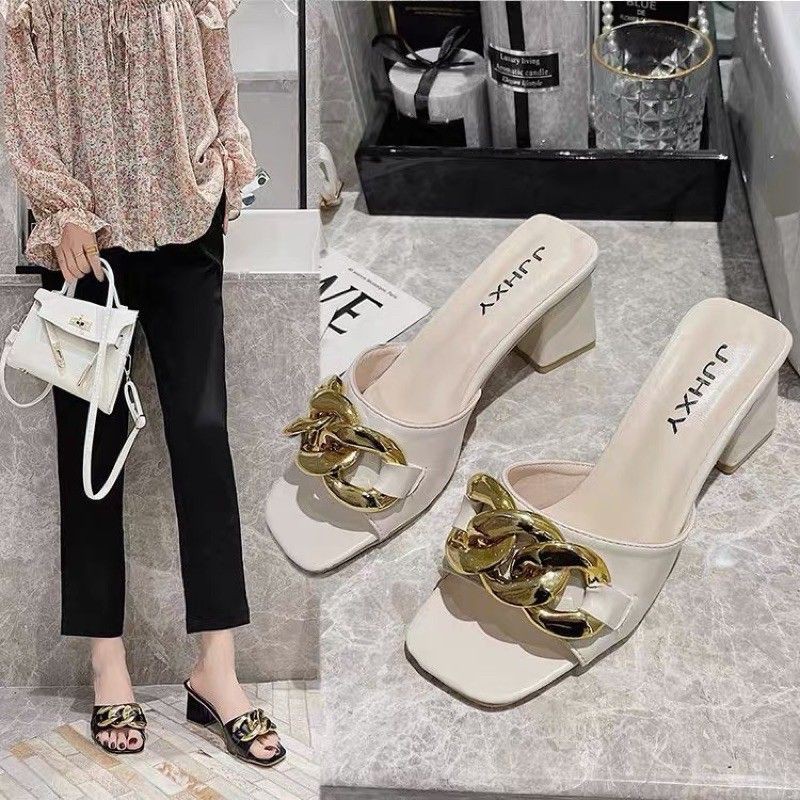 (ORDER) Guốc gót vuông 6cm da mềm bản to khoá xích BIG SIZE 35-43
