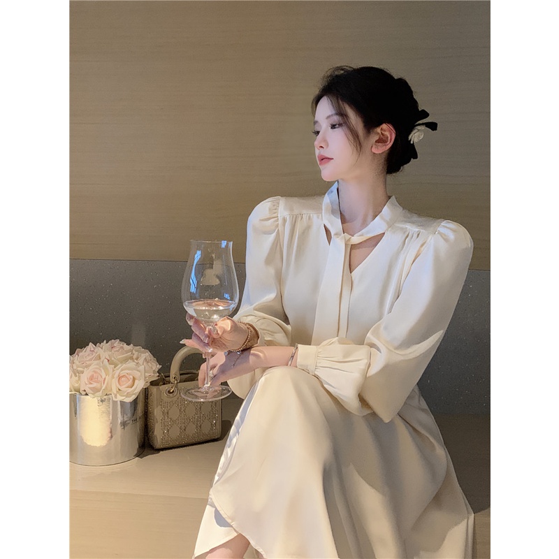 Set Áo Sơ Mi Tay Dài Cổ Tròn Vải Satin Cao Cấp Phối Chân Váy Lưng Cao Thời Trang Pháp Sang Trọng Cho Nữ