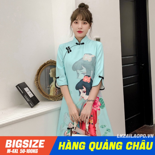 BIGSIZE nữ 45-100kg Đầm sườn xám dáng ôm in họa tiết dễ thương phong cách Retro cho nữ- Váy sườn xám cách tân sang chảnh cá tính xinh đẹp - cho người mập béo - Áo Dài Cách Tân