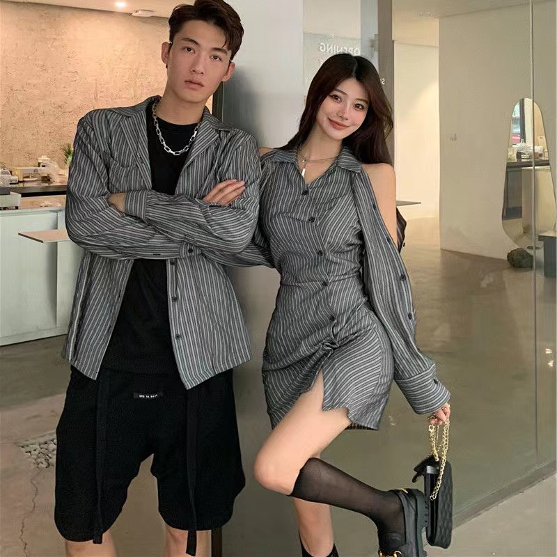 Đầm Kẻ Sọc Siêu hot / Áo Sơ Mi Nam / Đầm Khoai Tây Chiên Đường Phố Kiểu Pháp Cho Cặp Đôi