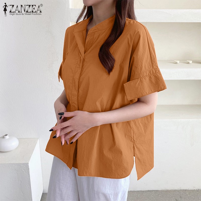 Áo sơ mi ZANZEA tay ngắn cổ đứng thiết kế xẻ tà phong cách thời trang dành cho nữ