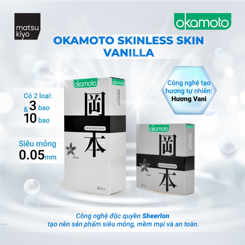 [Mã BMBAU50 giảm 7% đơn 99K] Bao Cao Su Okamoto Skinless Skin Vanilla Hương Vani matsukiyo