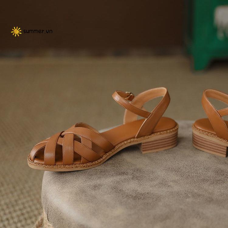 Giày Sandal Gót Vừa Dày Vừa Mũi Tròn Khoét Lỗ Thời Trang Mùa Hè Dành Cho Nữ 2022