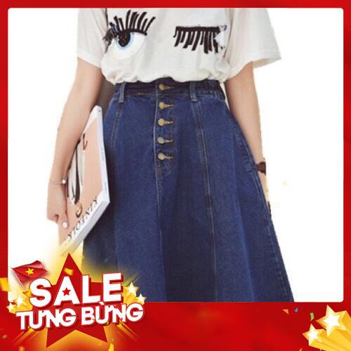 Chân váy jean xoè chữ A lưng cao đính nút size 26,27,28 M L XL bao đẹp y hình -Hàng nhập khẩu
