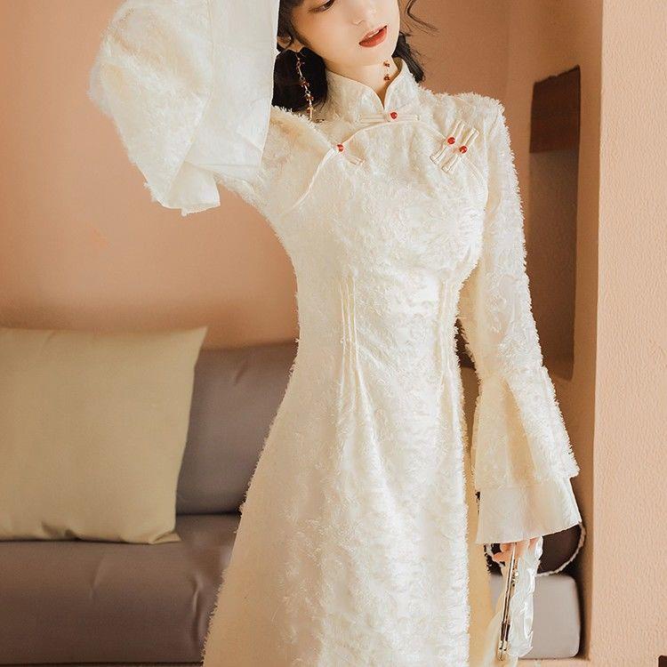 Đầm Sườn Xám Cách Tân Dài Qua Gối Phối Nhung Dày Dặn Thời Trang Thu Đông Cho Nữ