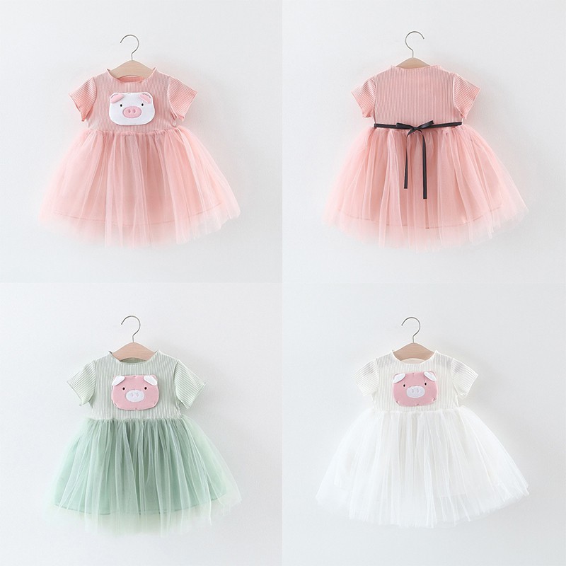 Đầm ngắn tay in hình chú heo dễ thương cho bé gái