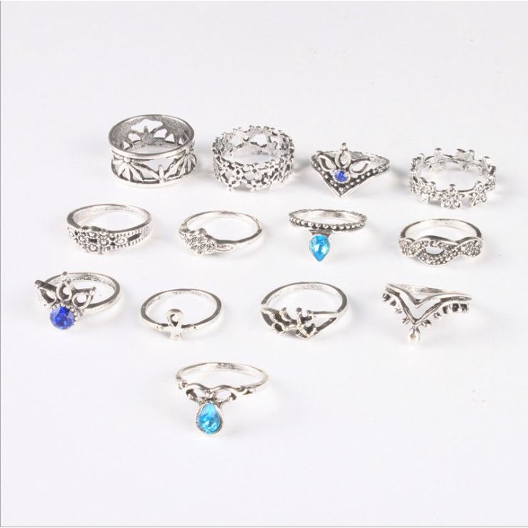 Bộ 13 Nhẫn Retro chạm khắc Kỳ Lân Hoa Sen Kim Cương 2M27