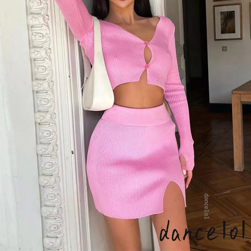 Set Áo Croptop Tay Dài + Chân Váy Màu Sắc Trơn Cho Nữ Khiêu Vũ1O1-