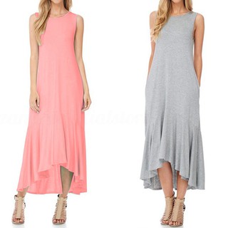 Đầm ZANZEA maxi di cổ tròn không tay màu trơn kích cỡ lớn thời trang