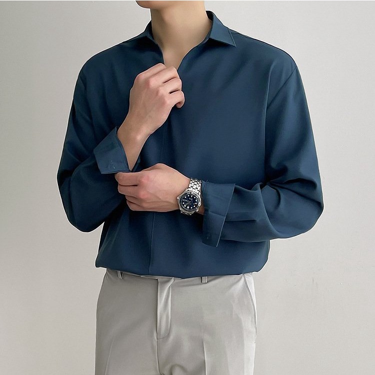 Áo sơ mi nam nữ cổ vest unisex phong cách Hàn Quốc, Áo dài tay nam nữ form rộng mã SM-03